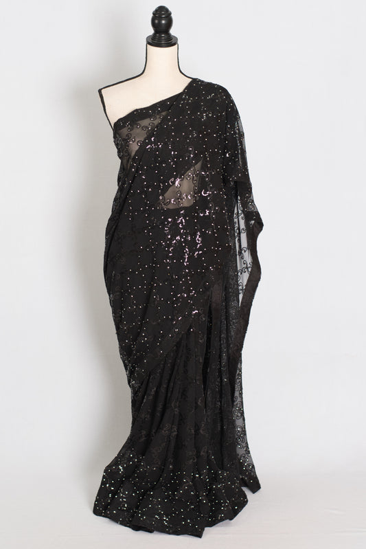 Kajaal | Black Soft Net Fitted Cocktail Saree| Sequins & Stone Embellishments image 0