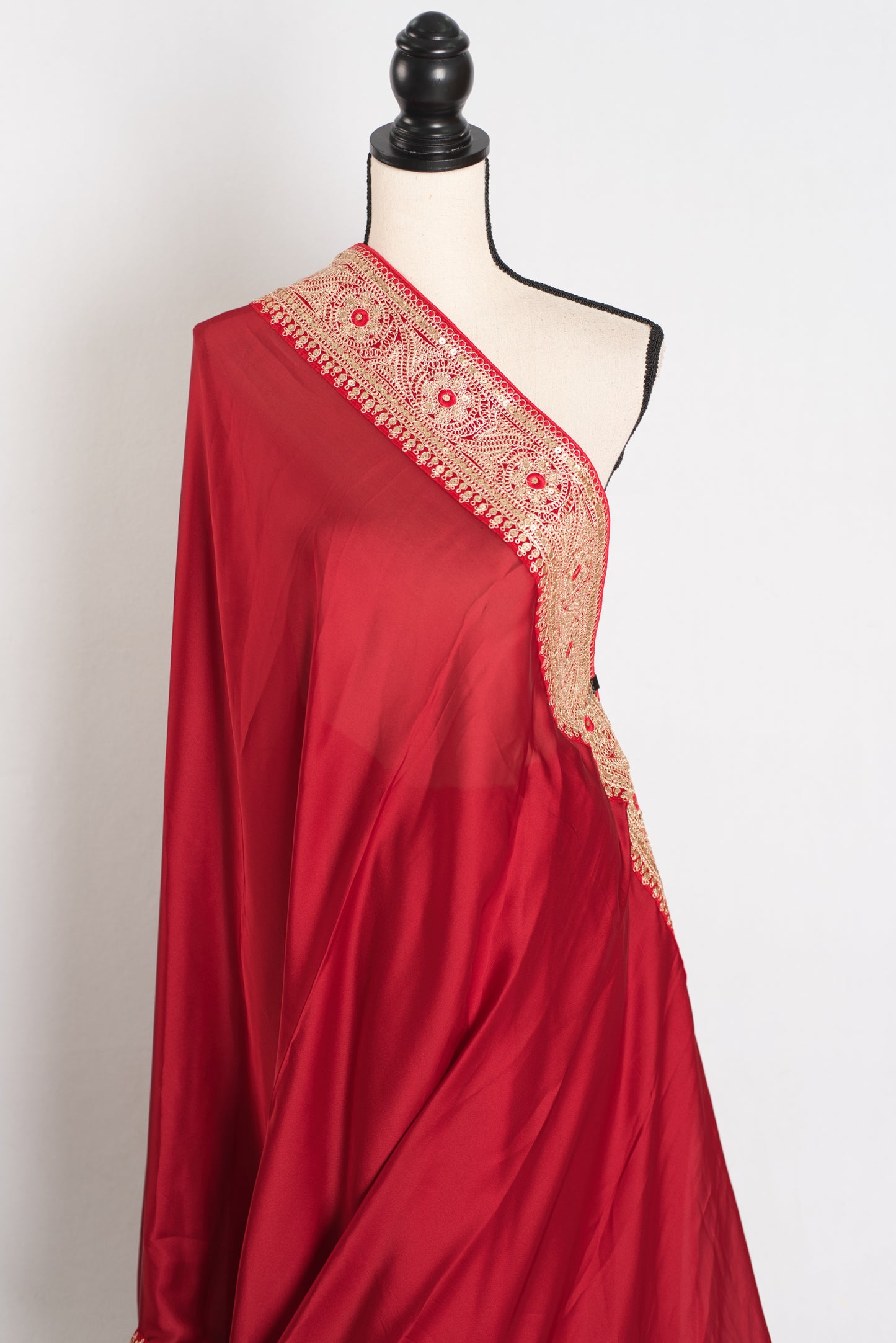 Noor : Dark Red Patch Border Designer Satin Silk Partywear Saree image 4