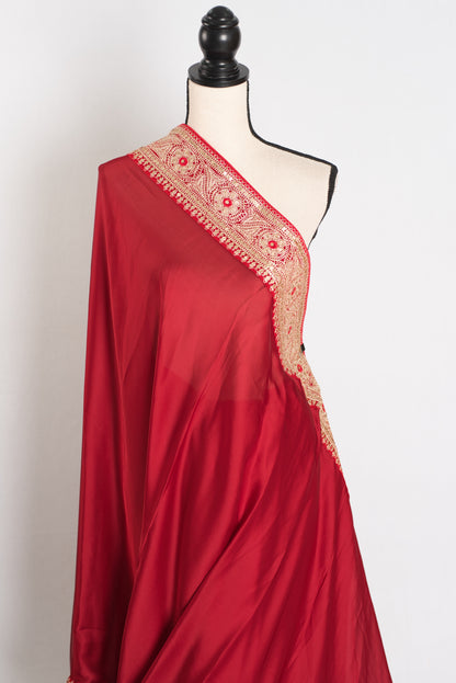 Noor : Dark Red Patch Border Designer Satin Silk Partywear Saree image 4