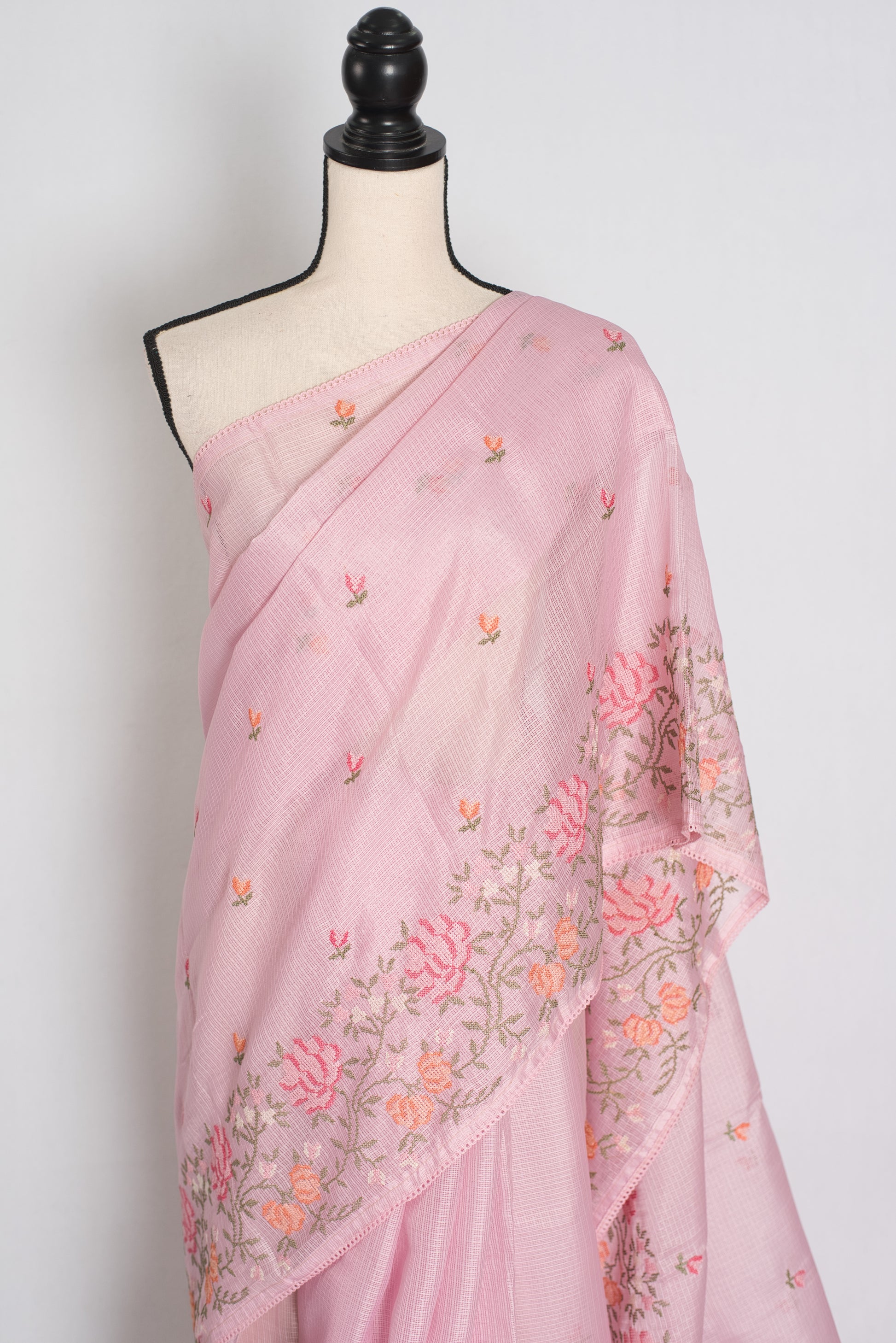Priya | Baby Pink Blended Kota Silk Saree | Floral Cross Stitch Embroidery image 5