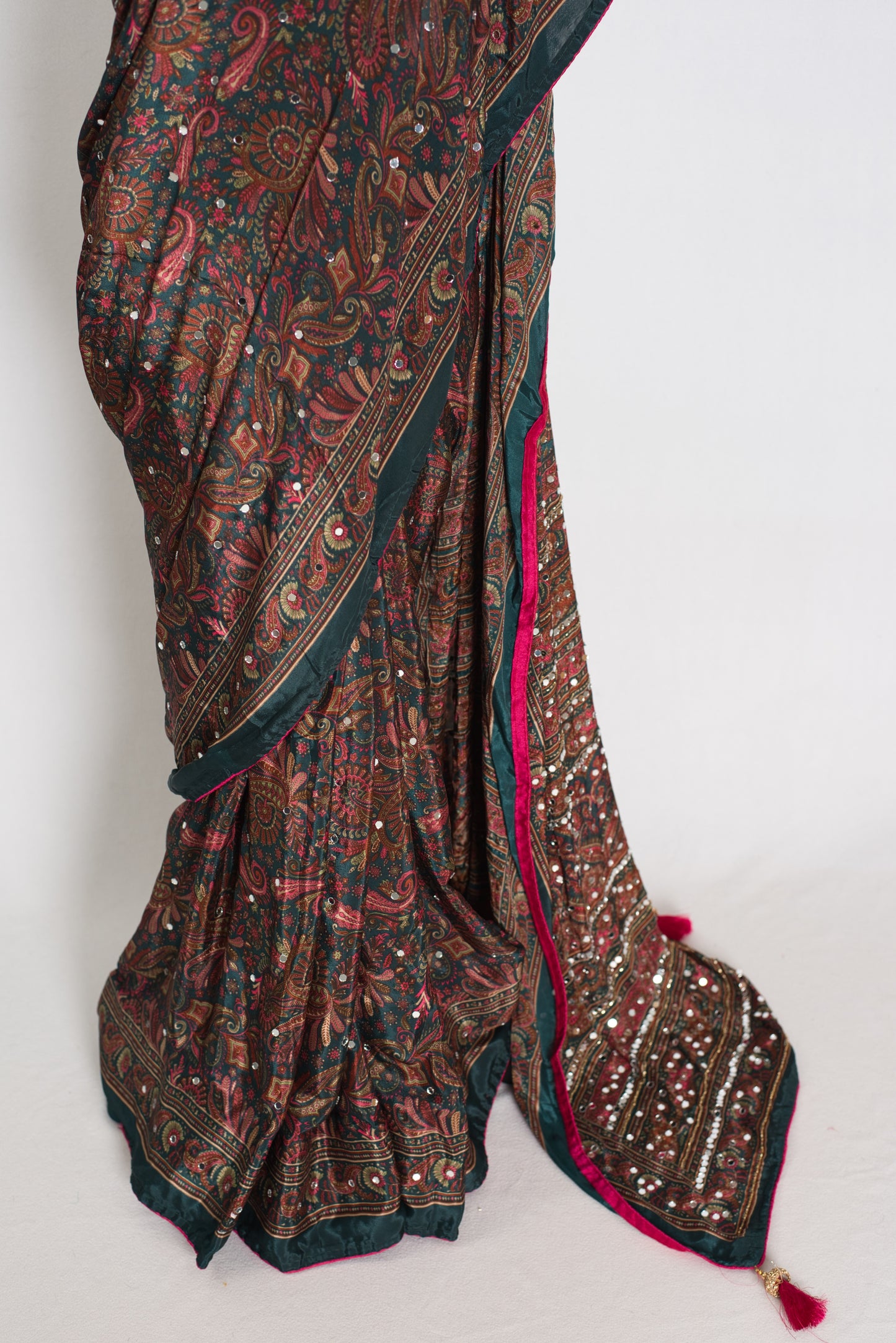 Sneha | Dark Green Kalamkari Printed Mirror Work Saree | Semi Modal Silk image 5