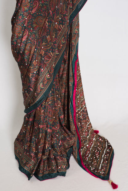 Sneha | Dark Green Kalamkari Printed Mirror Work Saree | Semi Modal Silk image 5