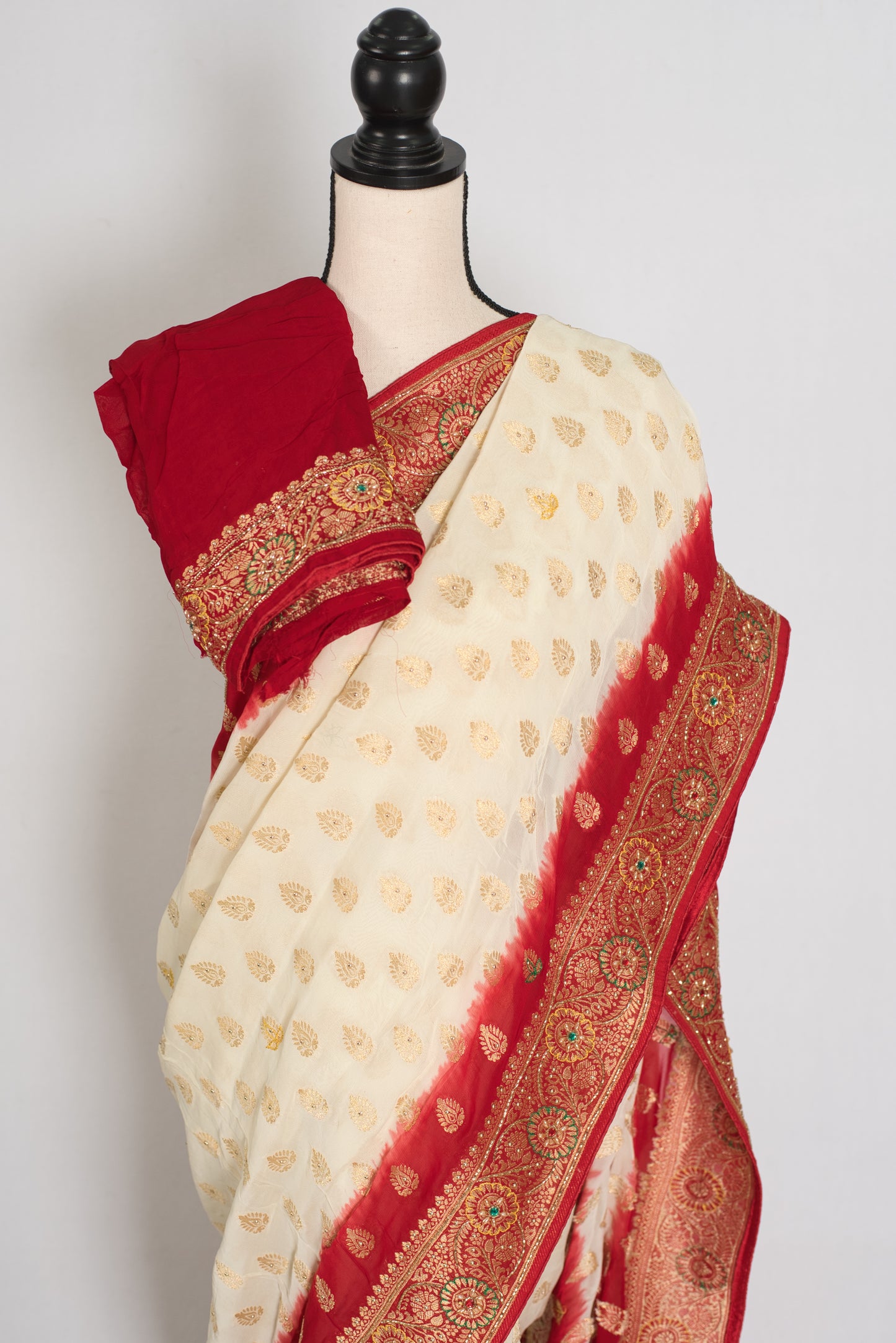 Maya | Off-White & Red Crepe Georgette Banarasi Saree | Bengali Look image 2