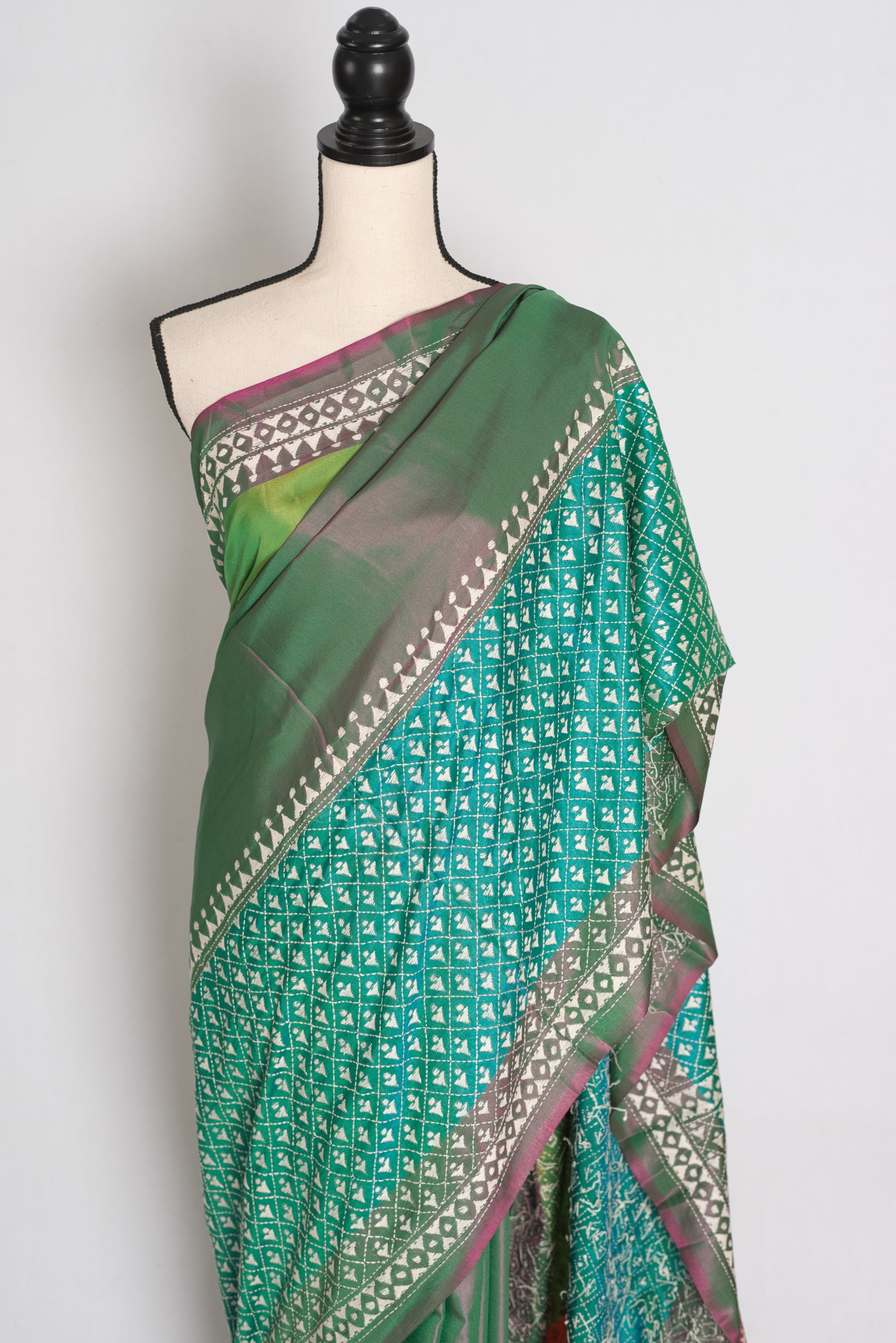 Damini : Green Semi Silk Kantha Embroidery Saree with 42 Size Stitched Blouse image 6