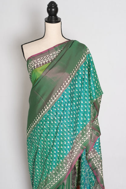 Damini : Green Semi Silk Kantha Embroidery Saree with 42 Size Stitched Blouse image 6