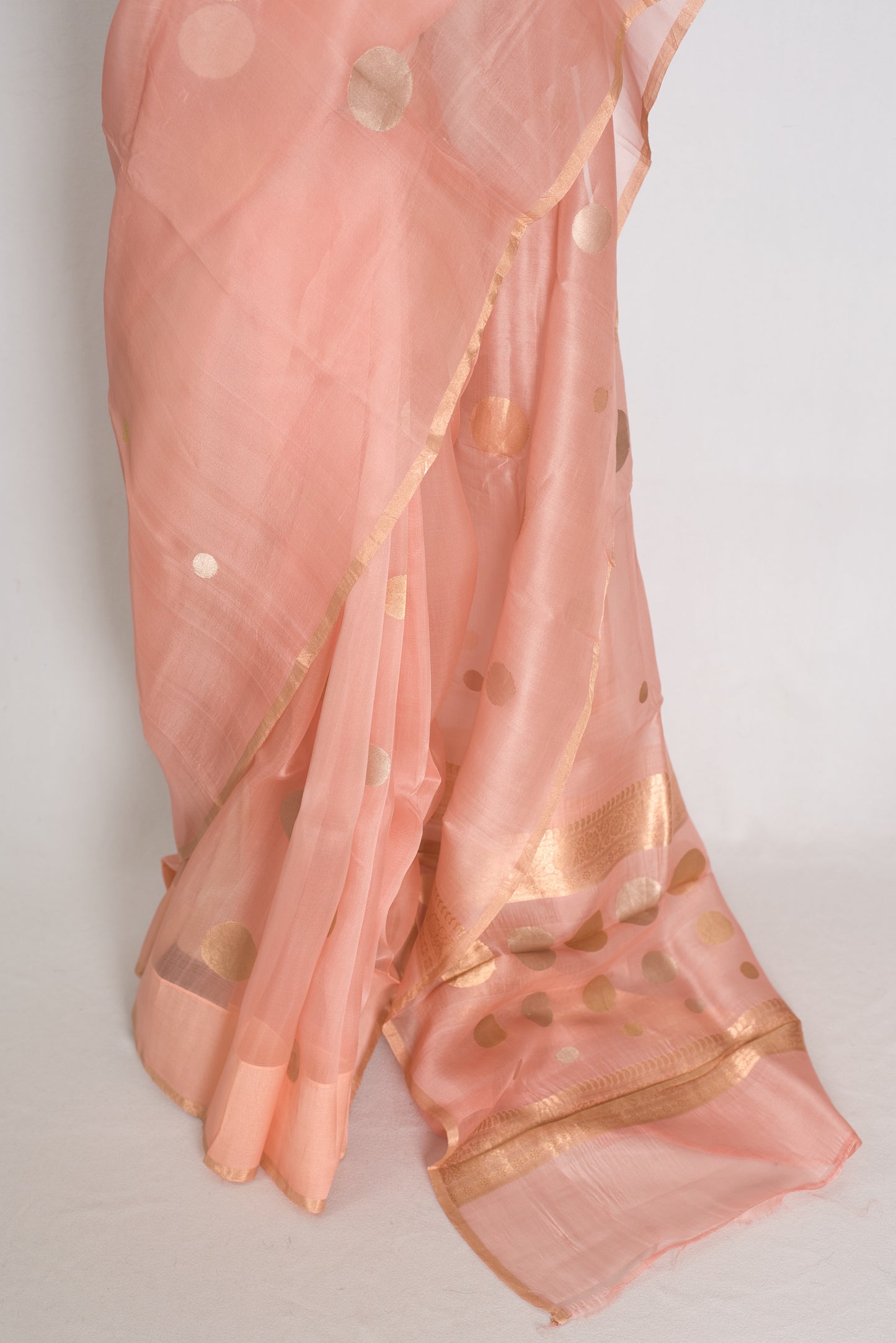 Medha : Peachy Pink Polka Dot Handwoven Kora Banarasi Silk Saree | Silk Mark image 5