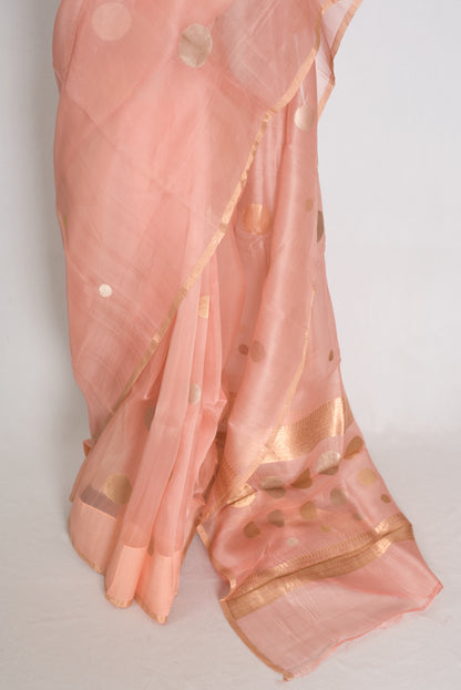 Medha : Peachy Pink Polka Dot Handwoven Kora Banarasi Silk Saree | Silk Mark image 5