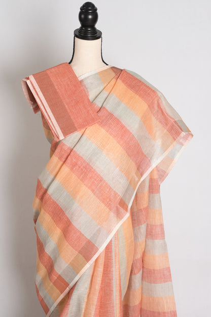 Priya : Pastel Orange and Powder Blue Lateral Striped Pure Linen Saree image 2