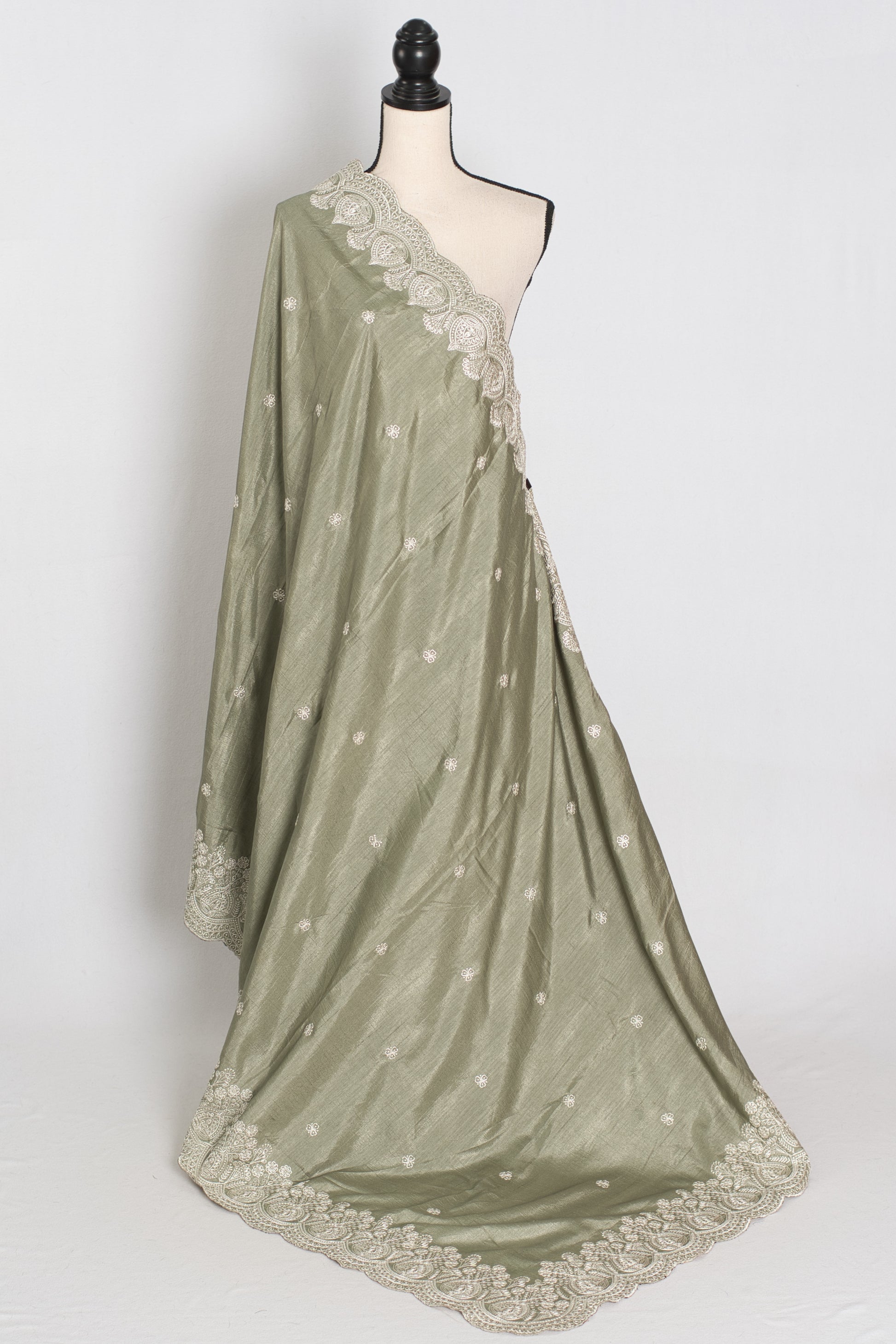 Hema | Sage Green Semi Tussar Silk Saree | Machine Embroidery & Scalloped Border image 1