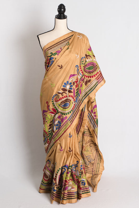 Mrittika - Brown Blended Silk Hand Embroidered Kantha Stitch Saree image 0