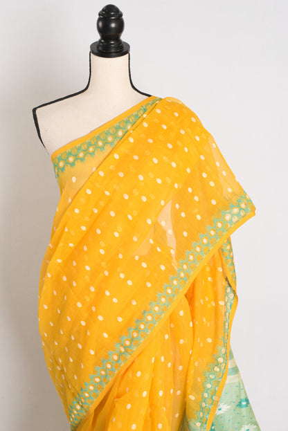 Gayetri : Yellow and Green Blended Soft Cotton Jamdani Bengali Saree image 6