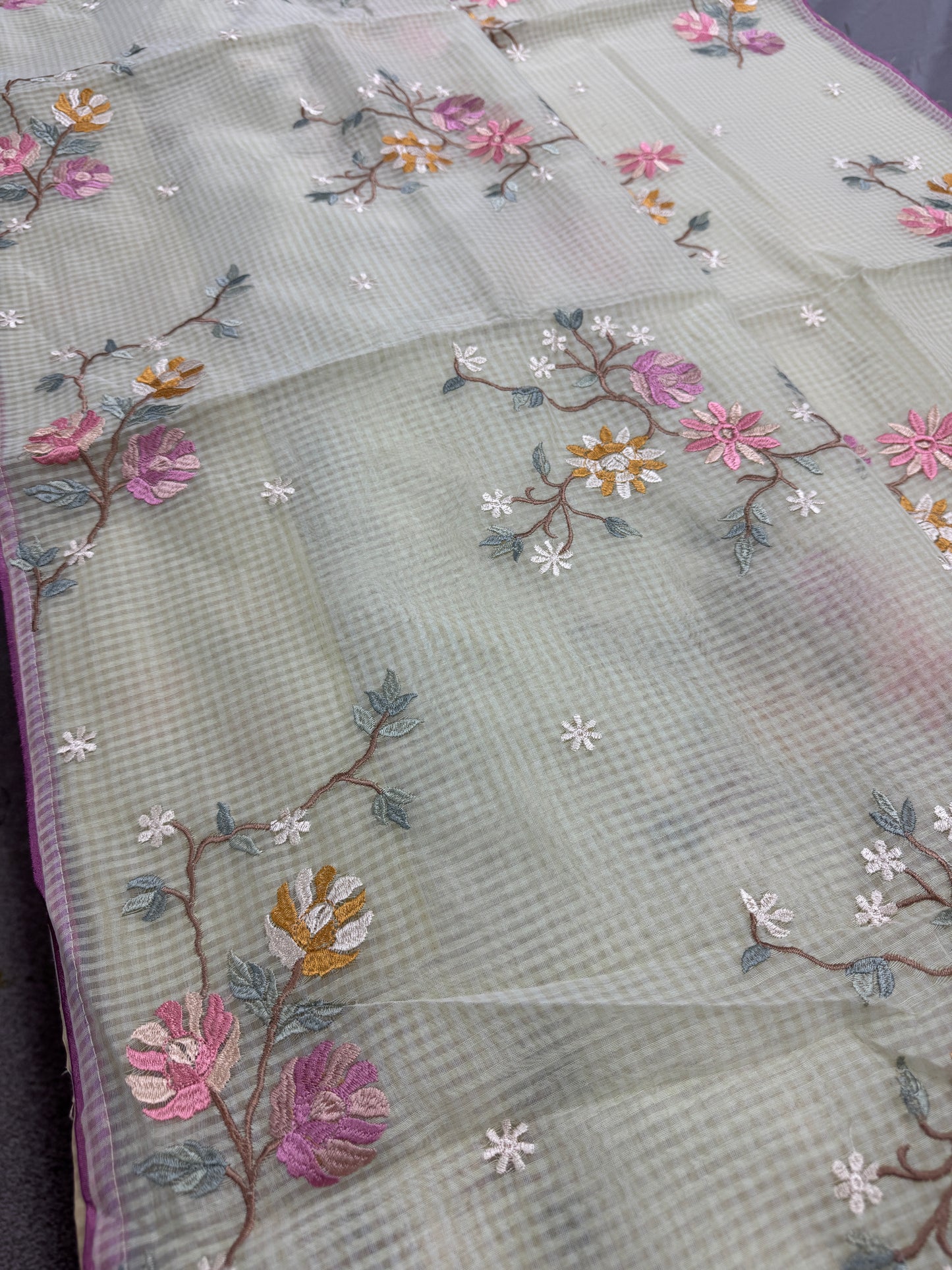 Ragini | Sea Green & Pink Floral Embroidery Blended Cotton Kota Saree image 6