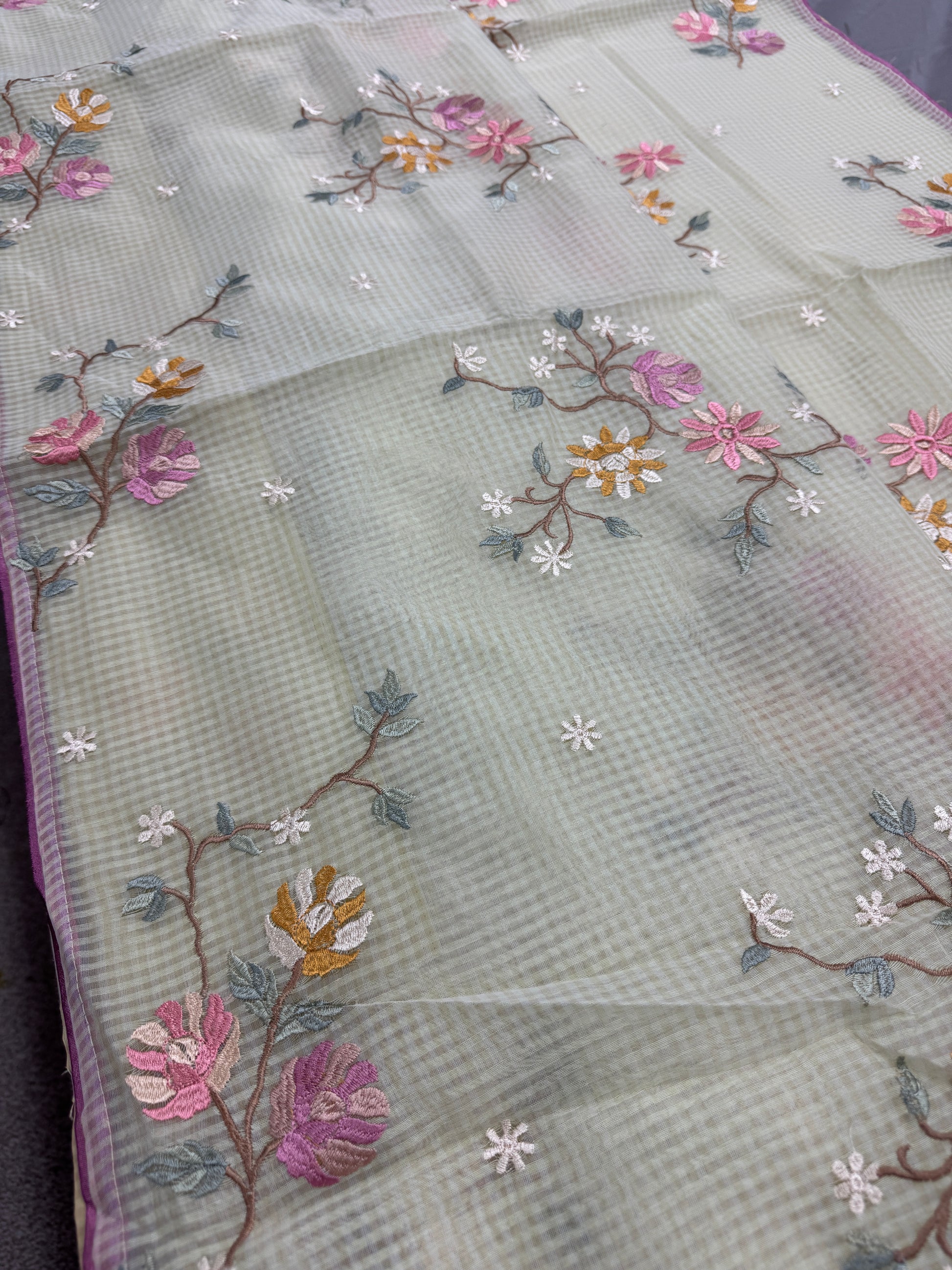 Ragini | Sea Green & Pink Floral Embroidery Blended Cotton Kota Saree image 6