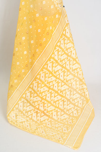Giri : Soft Yellow and White Blended Soft Cotton Jamdani Bengali Saree image 2