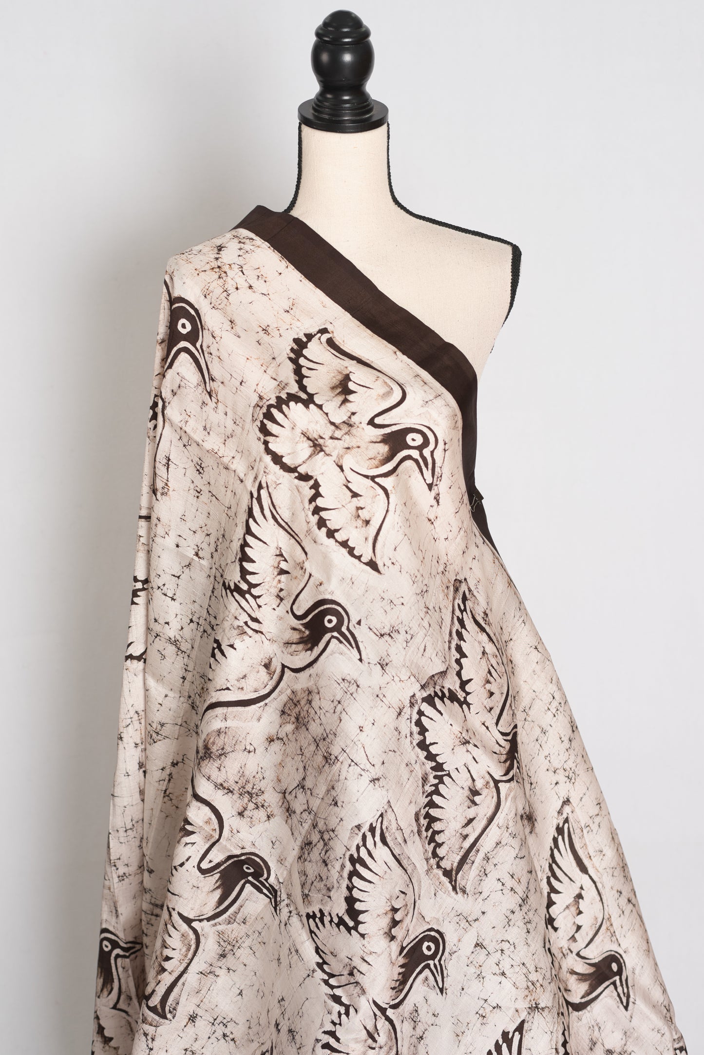 Bristi : Off-White and Coffee Brown Half and Half Hand Batik Pure Silk Saree image 4
