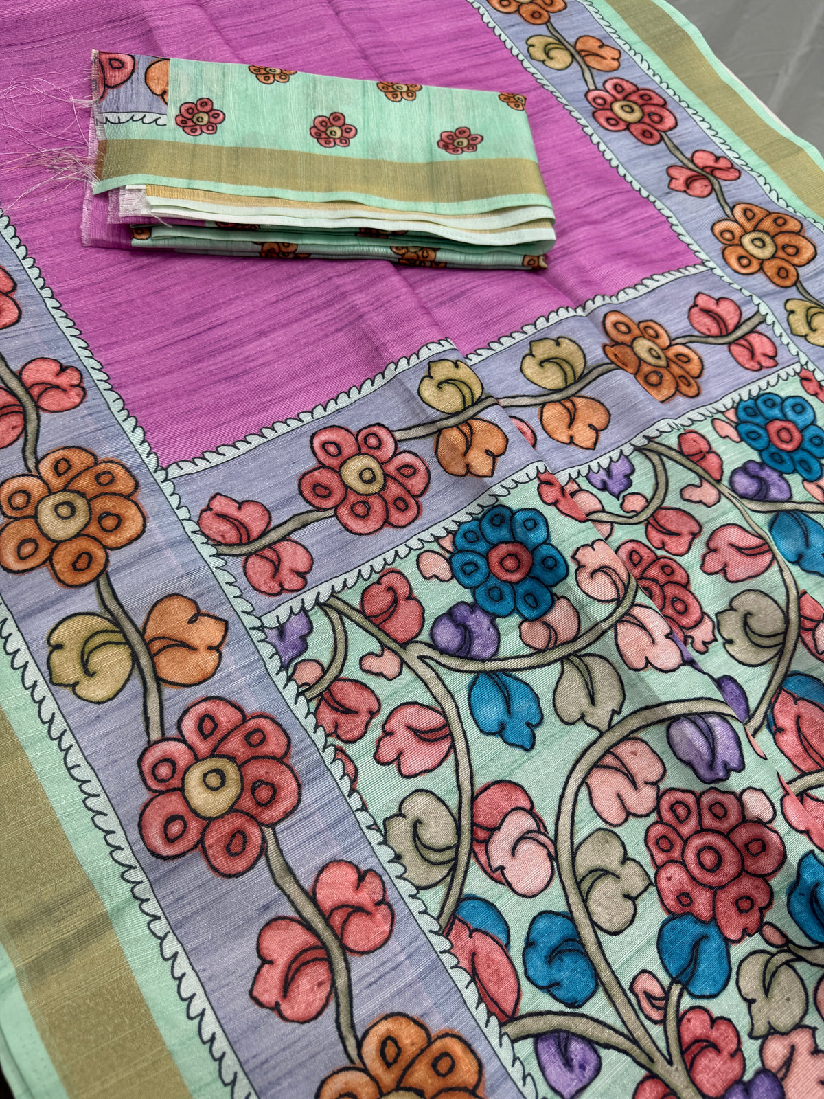 Neha: Vibrant Pink & Grey Semi Tussar Silk Saree | Floral Kalamkari Print image 2