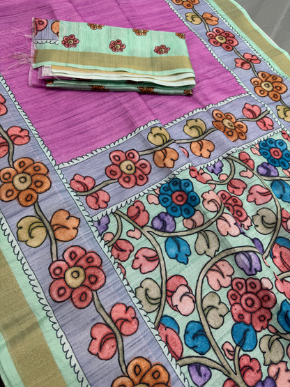 Neha: Vibrant Pink & Grey Semi Tussar Silk Saree | Floral Kalamkari Print image 2