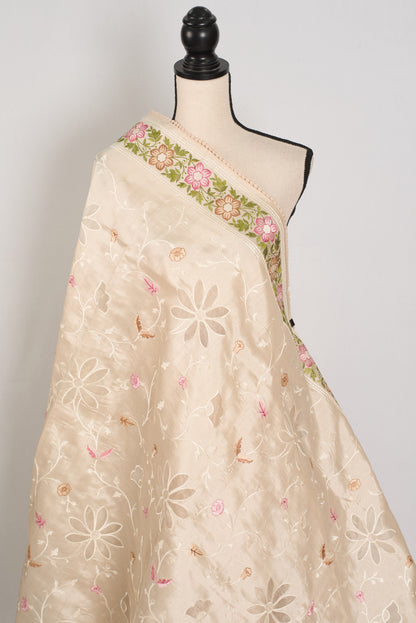 Shreya: Cream Semi Tussar Silk Saree with Multi-Color Cut Work Embroidery image 4