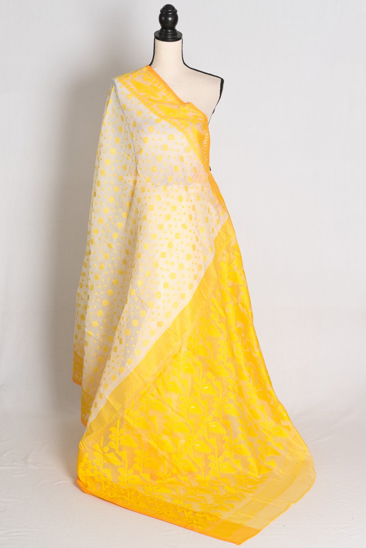 Off White and Yellow Jamdani saree — front view
