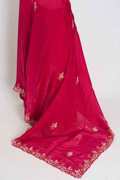 Devina : Rani Pink Soft Glass Tissue Hand Embroidery Partywear Saree image 4