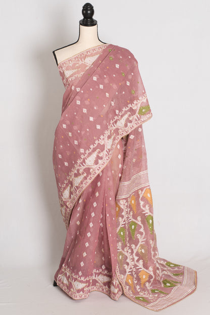 Bithi : Unique Pastel Purple and White Blended Cotton Jamdani Saree image 0
