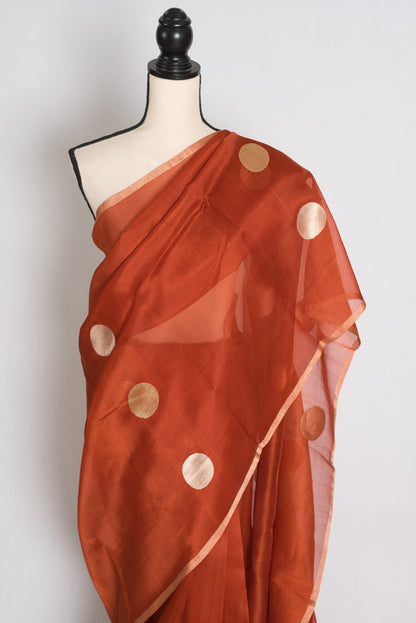 Ira : Rust Brown and Gold Polka Dot Kora Organza Banarasi Saree | Silk Mark image 6