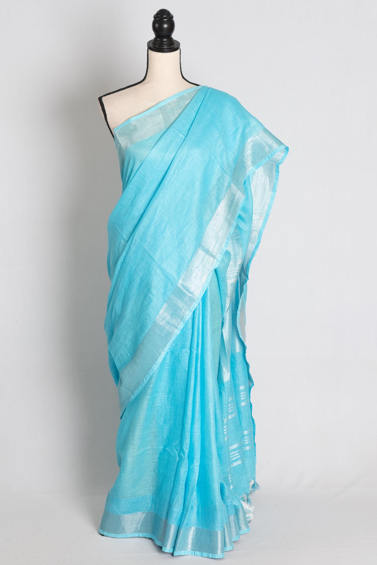 Arusi : Sky Blue Pure Linen Saree with Silver Zari Border image 0