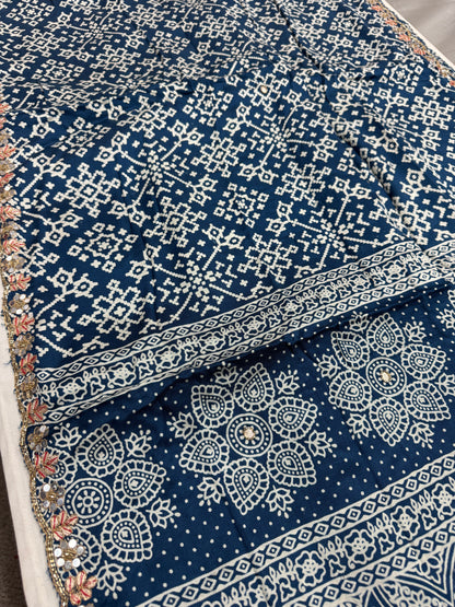 Neelima : Cobalt Blue Modal Silk Ajrakh Saree with Hand Embroidery Work image 0