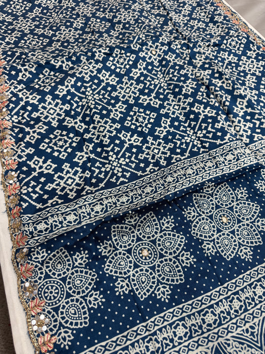 Neelima : Cobalt Blue Modal Silk Ajrakh Saree with Hand Embroidery Work image 0