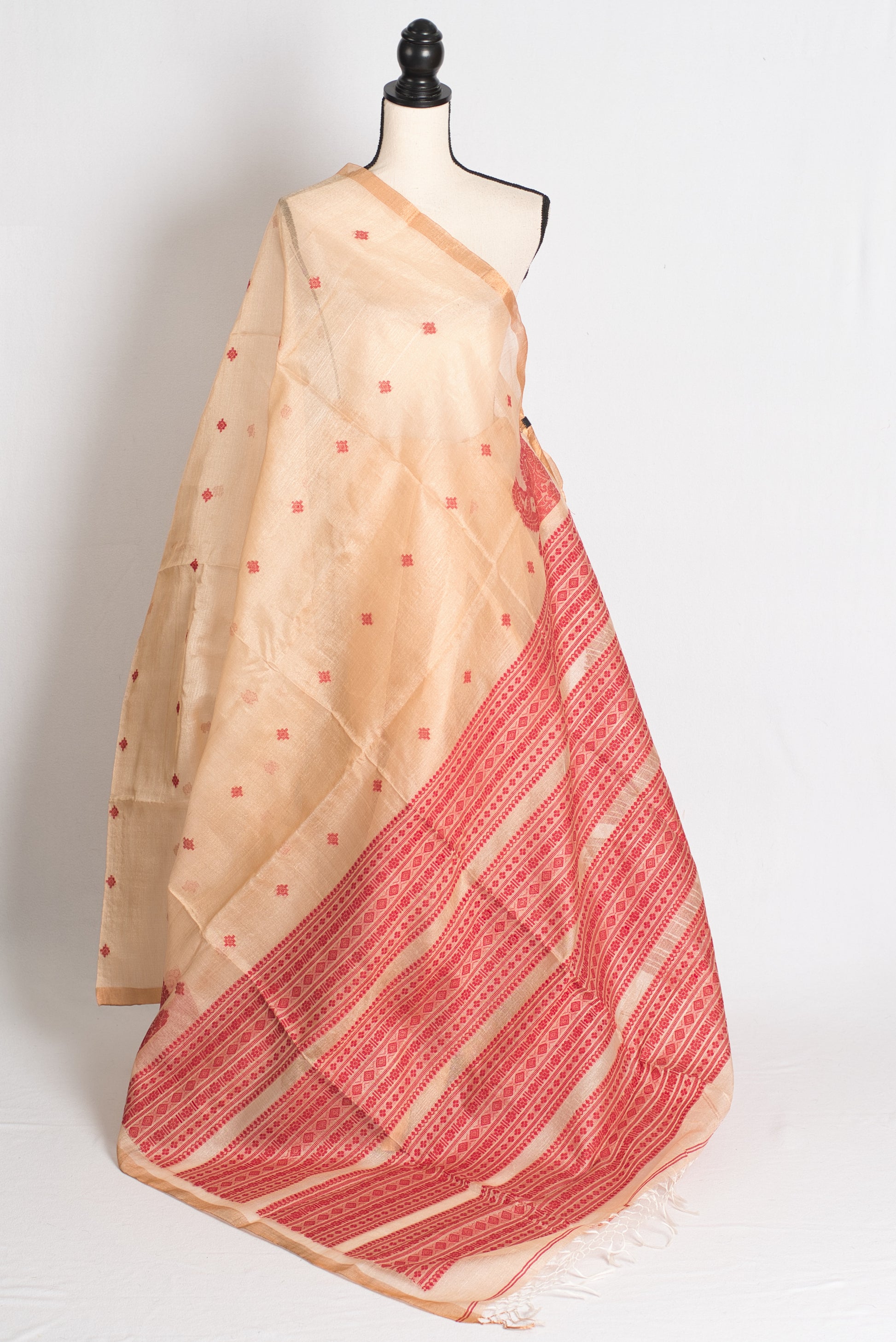 Anwesha : Bengal Handloom Tussar Silk Saree in Beige and Red image 1