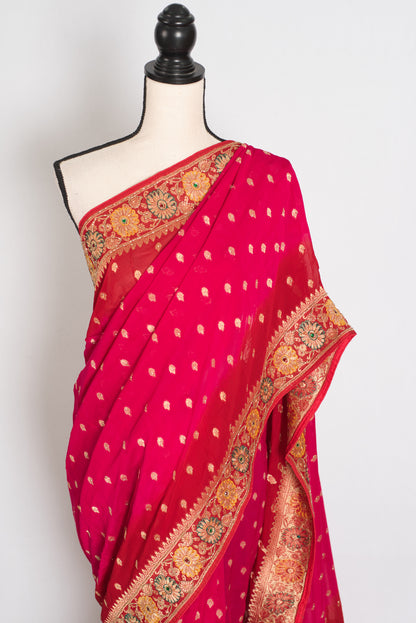Nadira | Dark Pink & Red Crepe Georgette Banarasi Saree | Hand-Embroidery image 6