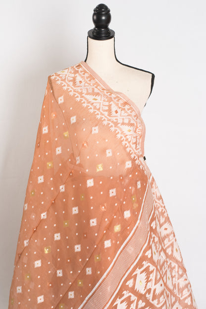 Girija : Brown and White Blended Soft Cotton Jamdani Bengali Saree image 3