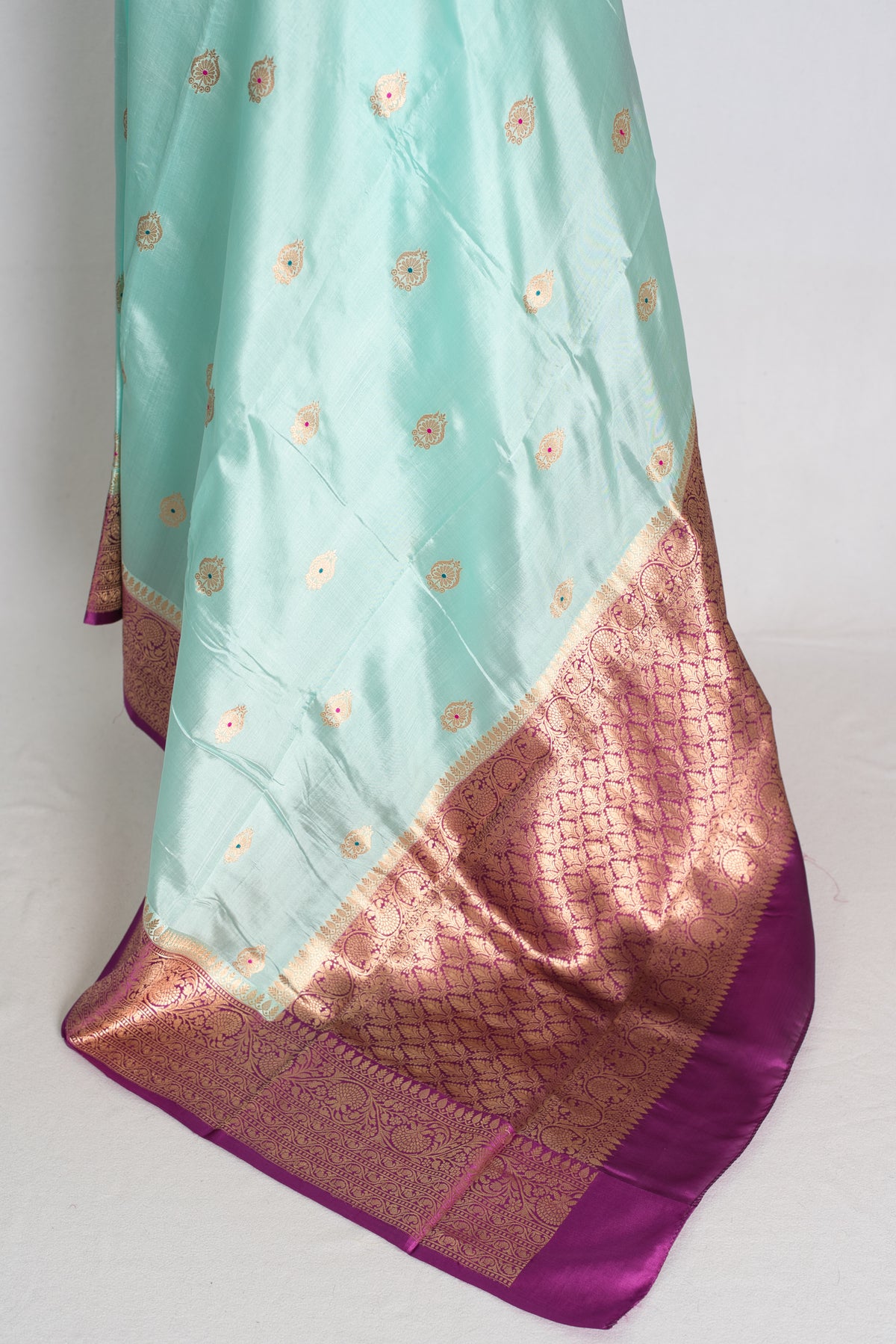 Turquoise Blue and Purple Banarasi saree — detail view