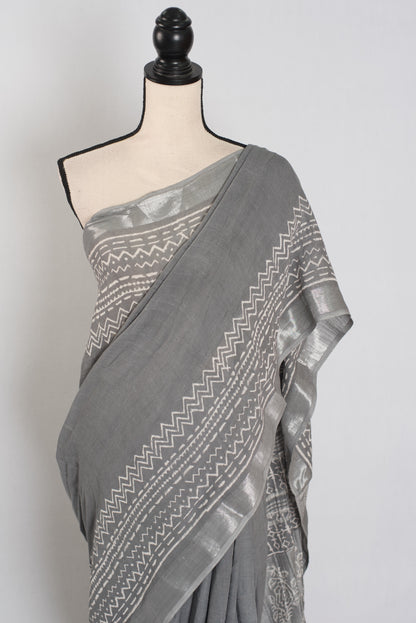 Snigdha: Grey and Silver Hand Block Printed Saree | Soft Linen Cotton image 5