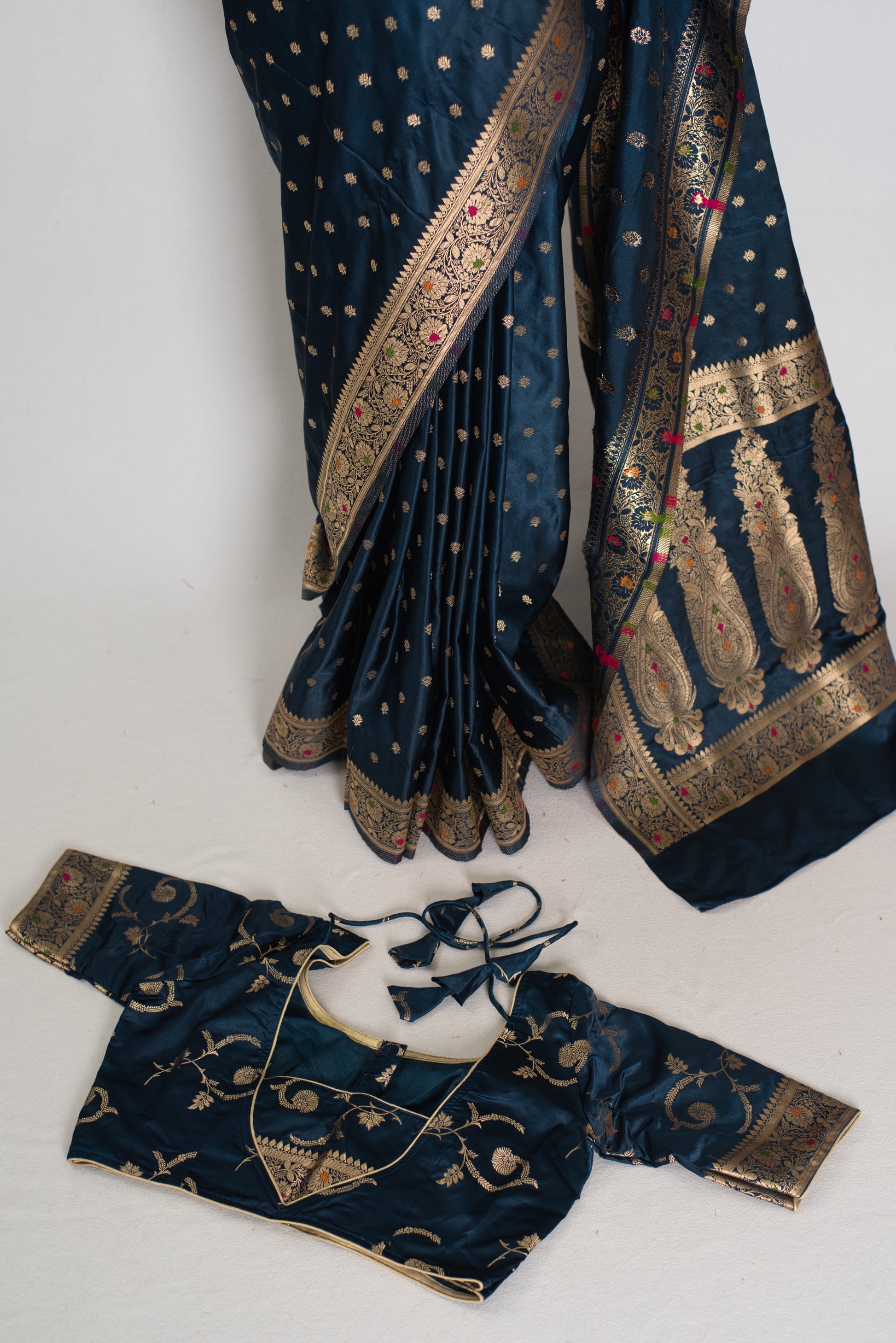 Nayan | Midnight Blue Semi Mashru Banarasi Saree | Pre-Stitched Size 38 Blouse image 2