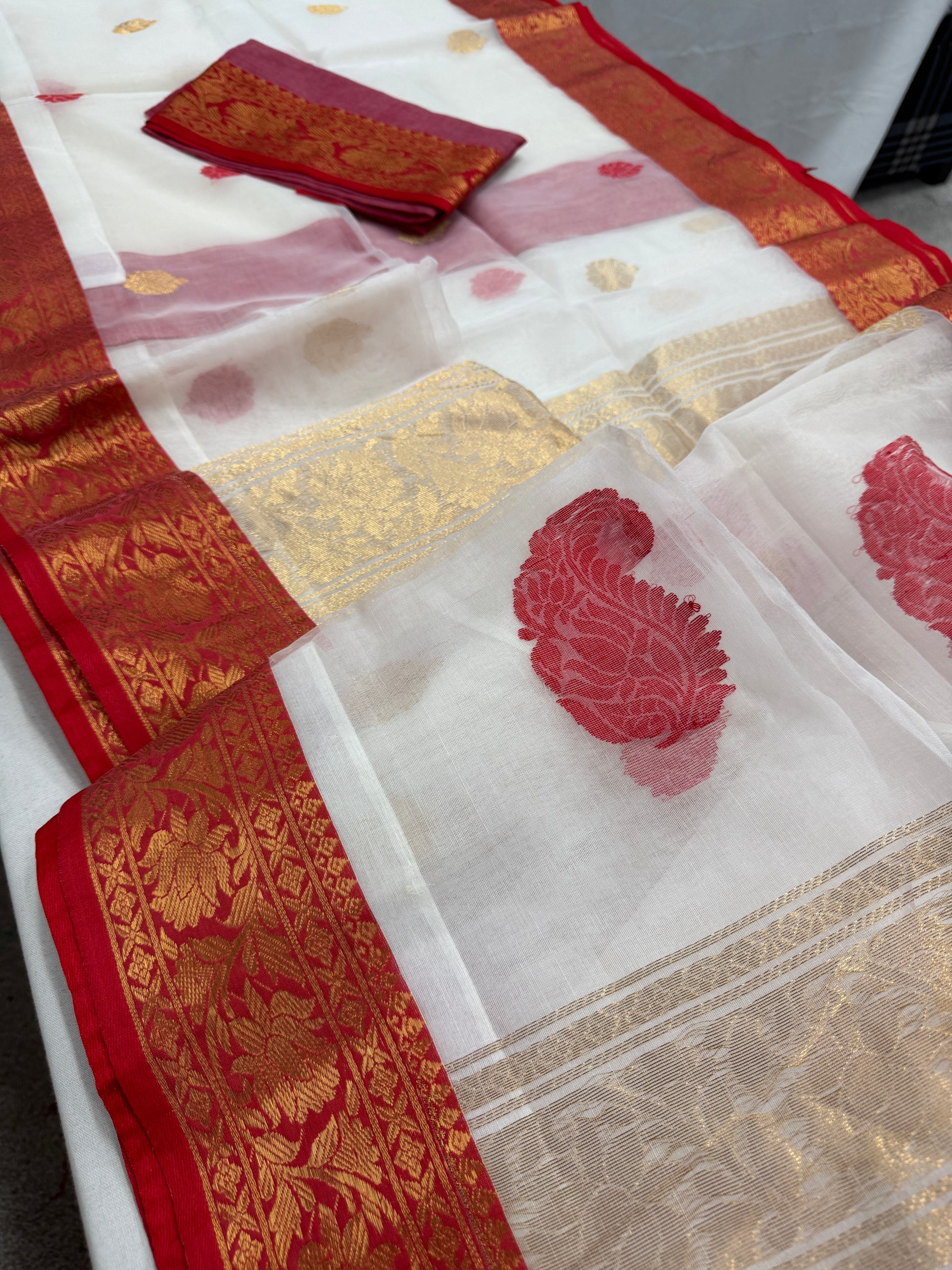 Saraswati : White and Red Semi Muslin Banarasi Saree image 1