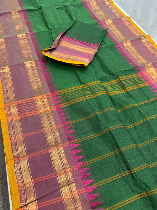 Janaki : Handwoven Kanchi Cotton Saree in Green and Matte Purple image 0