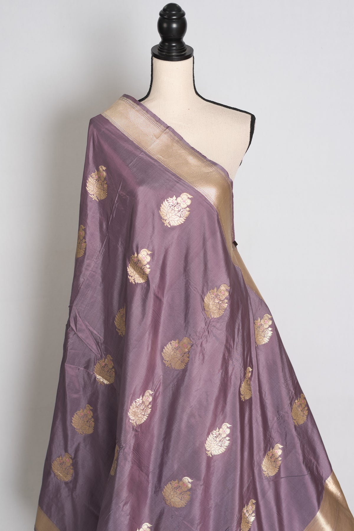 Sudha: Mauve and Gold Banarasi Katan Silk Saree with 40 Size Stitched Blouse image 5