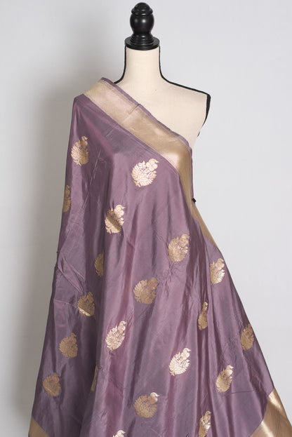 Sudha: Mauve and Gold Banarasi Katan Silk Saree with 40 Size Stitched Blouse image 5