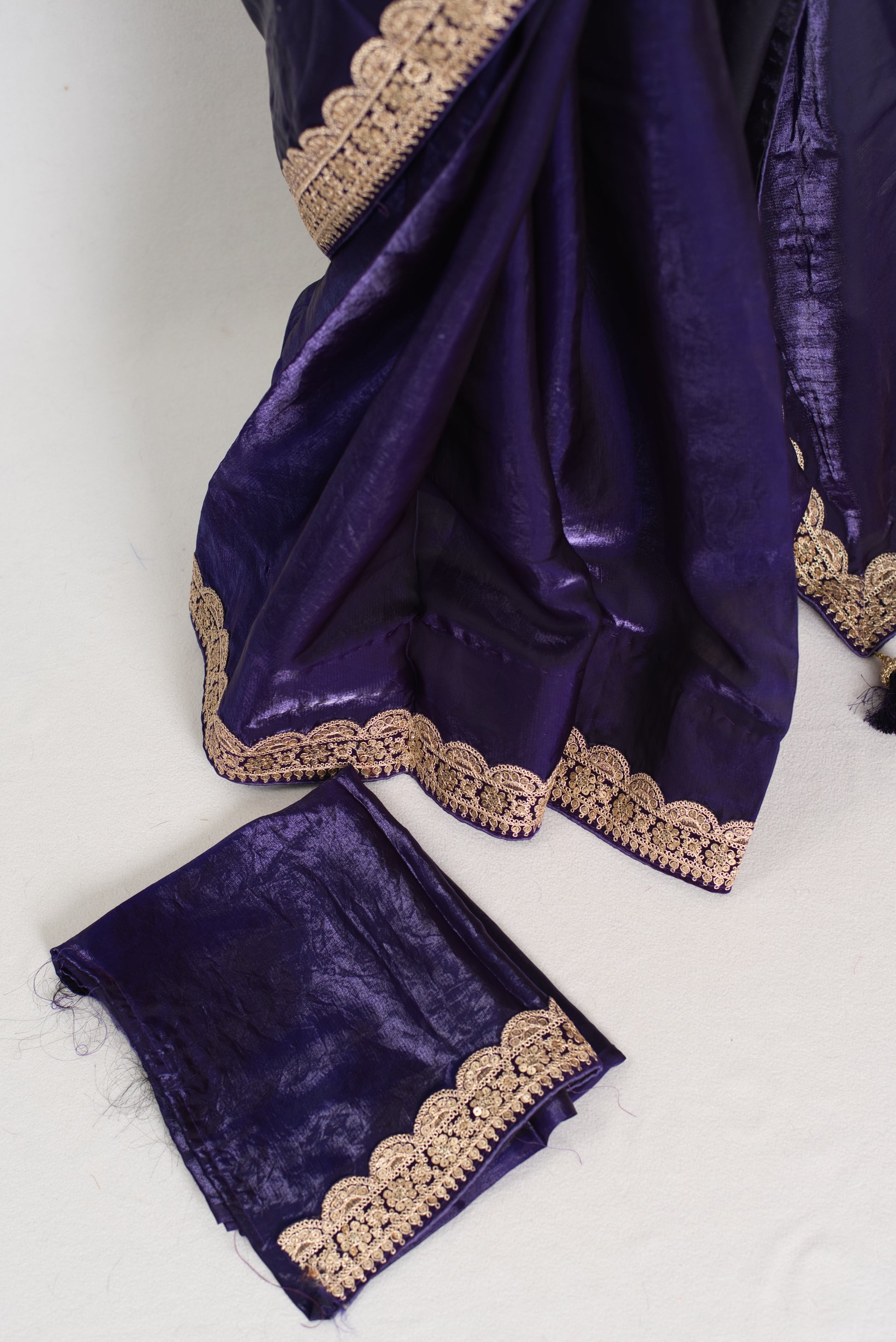 Nadia : Designer Glass Tissue Purple Partywear Saree with Patched Golden Border image 2