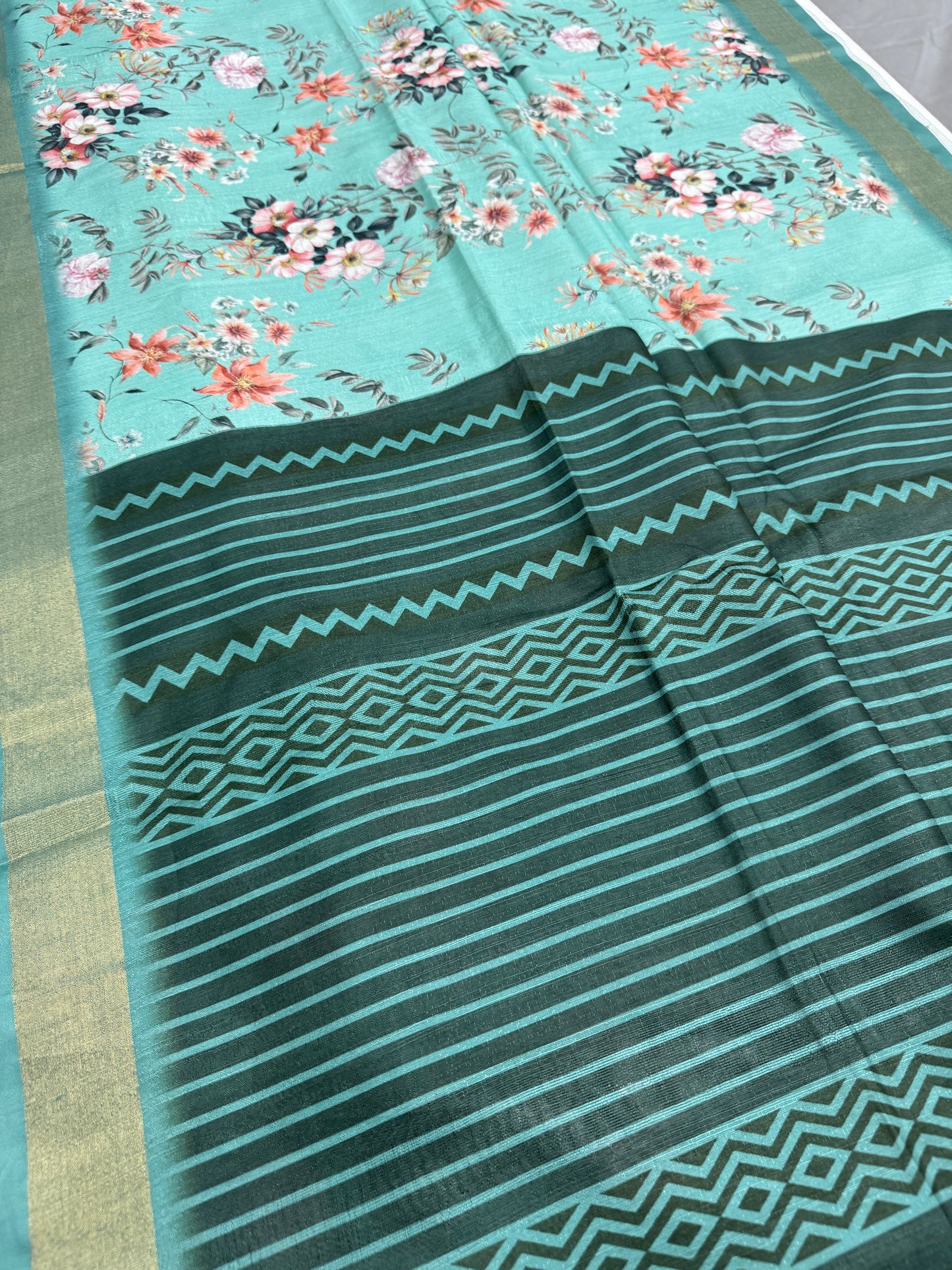 Shazia | Sea Green Floral Printed Semi Tussar Saree image 1