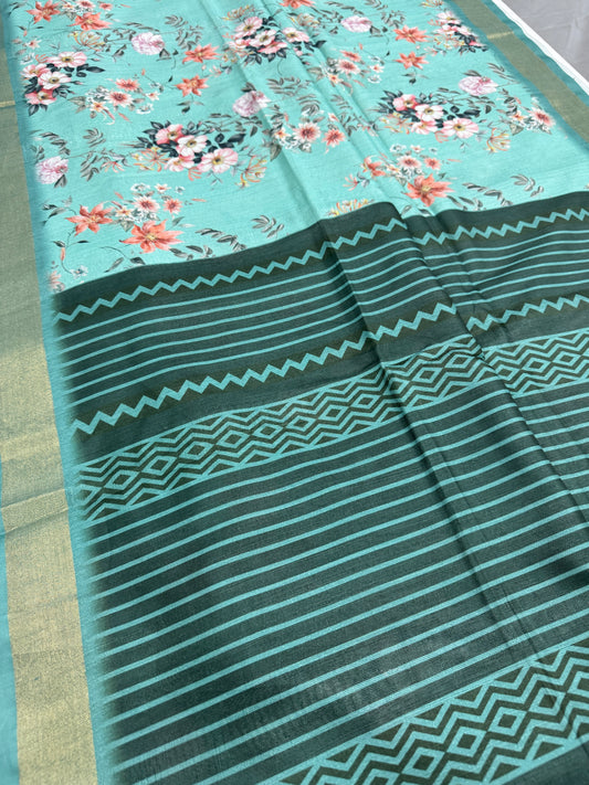 Shazia | Sea Green Floral Printed Semi Tussar Saree image 1