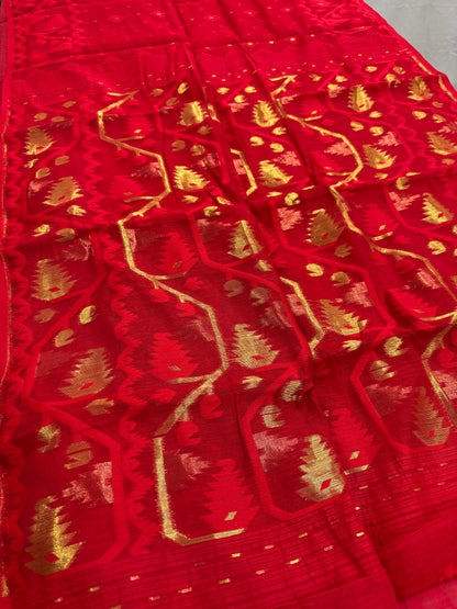 Rupajana : Red Blended Soft Cotton Jamdani Saree image 1