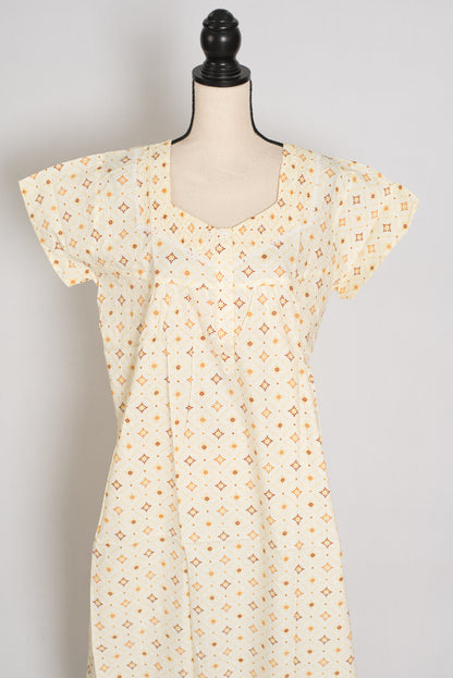 Creamy Yellow Geometric Floral Print Pure Cotton Indian Nightgown image 0