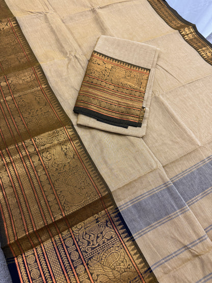 Sanvi : Handwoven Kanchi Cotton Saree in Light Brown and Henna Green image 1