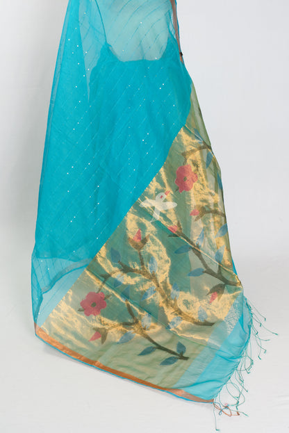 Shukti: Turquoise Blue & Gold Muslin Cotton Jamdani Saree | Sequin Weaving image 4