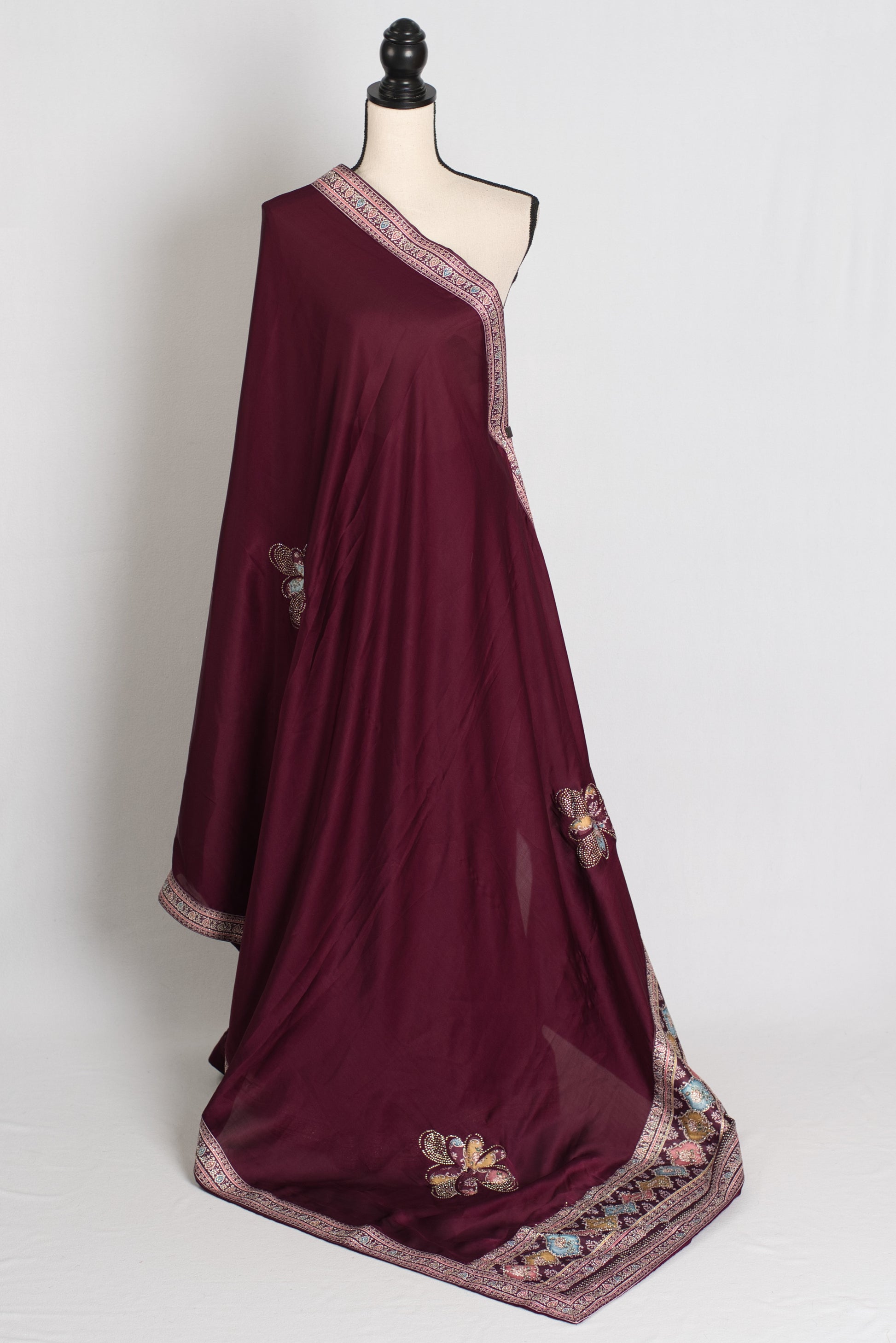 Mani : Wine Color Semi Satin Aplic Work Party Wear Saree image 1