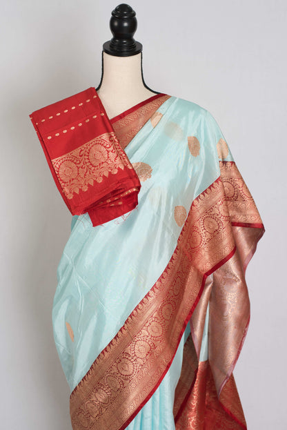 Madhavi : Certified Katan Silk Banarasi Saree in Sky Blue and Red image 2