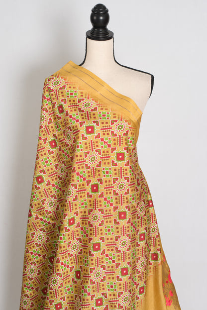 Naheed : Yellow and Gold Contemporary Ikkat Print Banarasi Katan Silk Saree image 4