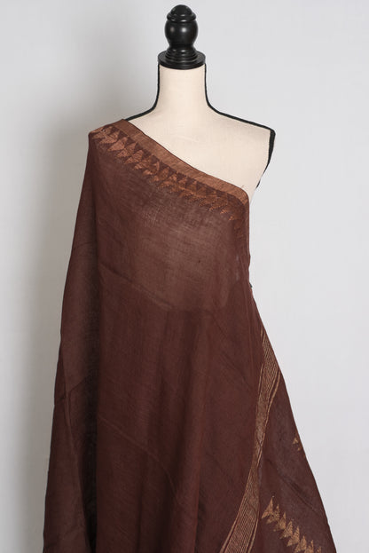 Keya : Dark Brown and Antique Gold Handwoven Linen by Linen Jamdani Saree image 4